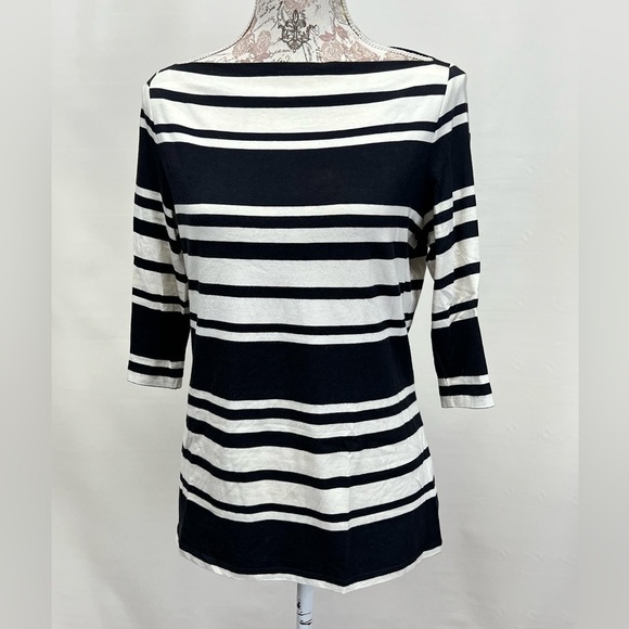 CYNTHIA ROWLEY Black and‎ Ivory striped boat neck top size L. - Picture 1 of 10